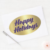 prettige feestdagen Paarse Glitter op Gold Ovale Sticker (Envelop)