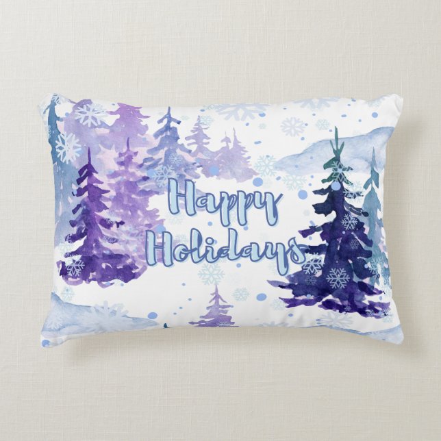 Prettige feestdagen Paarse winterbesneeuwde bomen Accent Kussen (Voorkant)