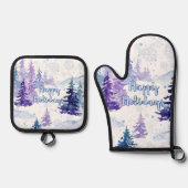 Prettige feestdagen Paarse winterbesneeuwde bomen Ovenwant & Pannenlap Set (Voorkant)