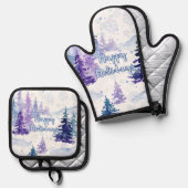 Prettige feestdagen Paarse winterbesneeuwde bomen Ovenwant & Pannenlap Set (Voorkant / Achterkant)