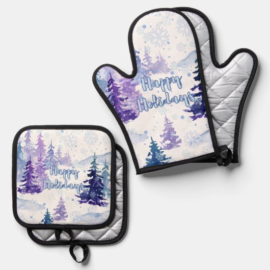 Prettige feestdagen Paarse winterbesneeuwde bomen Ovenwant & Pannenlap Set (Voorkant / Achterkant)