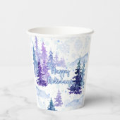 Prettige feestdagen Paarse winterbesneeuwde bomen Papieren Bekers (Achterkant)