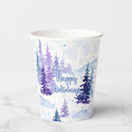 Prettige feestdagen Paarse winterbesneeuwde bomen Papieren Bekers (Achterkant)