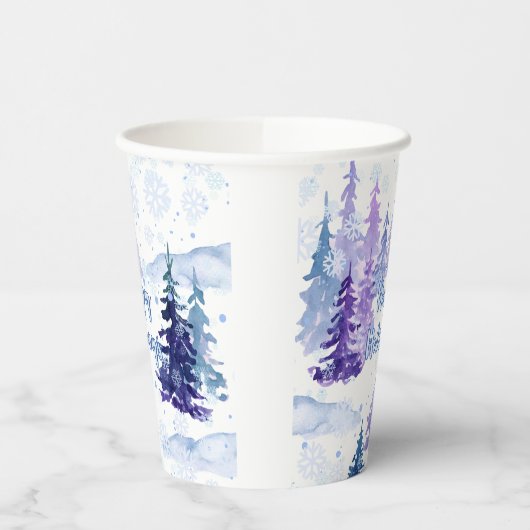 Prettige feestdagen Paarse winterbesneeuwde bomen Papieren Bekers (Links)