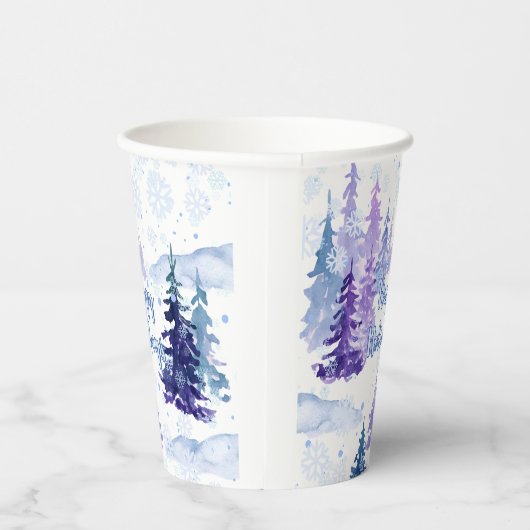 Prettige feestdagen Paarse winterbesneeuwde bomen Papieren Bekers (Rechts)