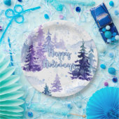 Prettige feestdagen Paarse winterbesneeuwde bomen Papieren Bordje (Feest)