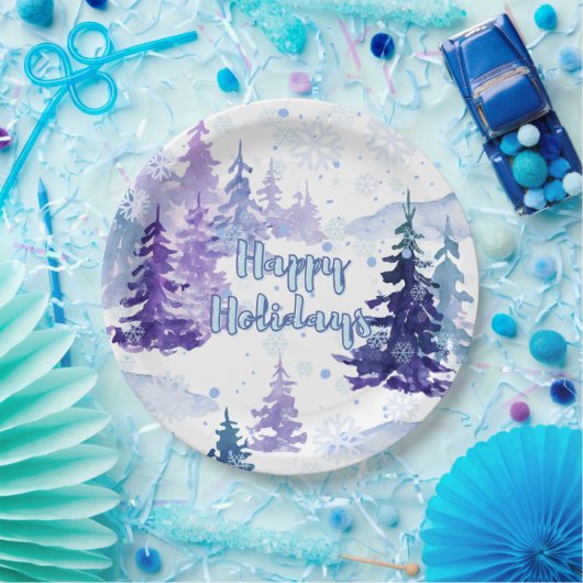 Prettige feestdagen Paarse winterbesneeuwde bomen Papieren Bordje (Feest)