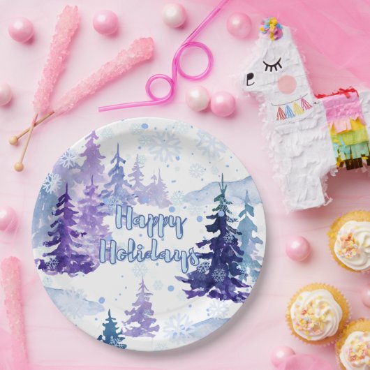 Prettige feestdagen Paarse winterbesneeuwde bomen Papieren Bordje (Feest)