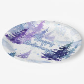 Prettige feestdagen Paarse winterbesneeuwde bomen Papieren Bordje (Gekanteld)