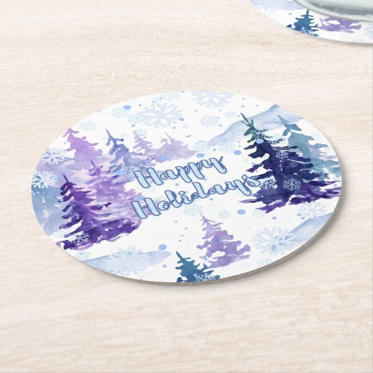 Prettige feestdagen Paarse winterbesneeuwde bomen Ronde Kartonnen Onderzetter (Gebogen)