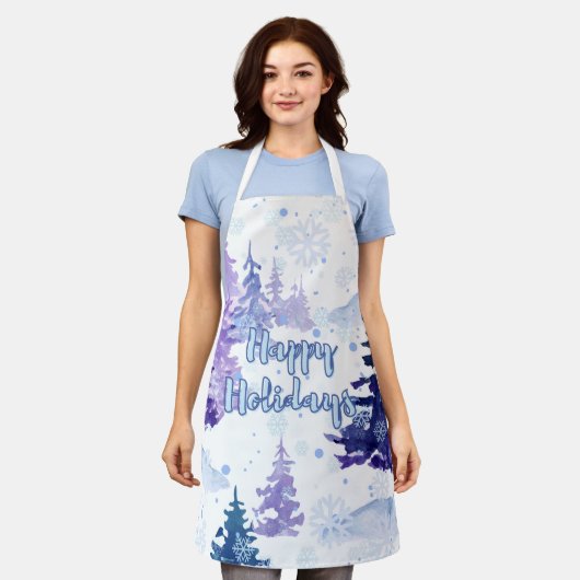 Prettige feestdagen Paarse winterbesneeuwde bomen Schort (Gedragen)