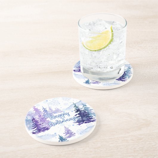 Prettige feestdagen Paarse winterbesneeuwde bomen Zandsteen Onderzetter (Zijkant)