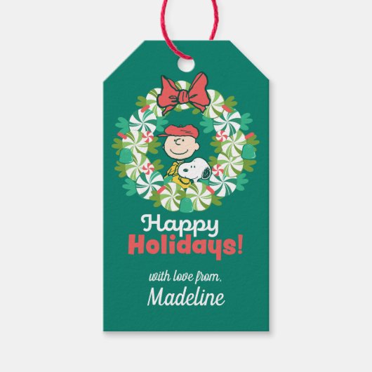 Prettige feestdagen €? | Pepermunt Snoep krans Cadeaulabel (Voorkant)