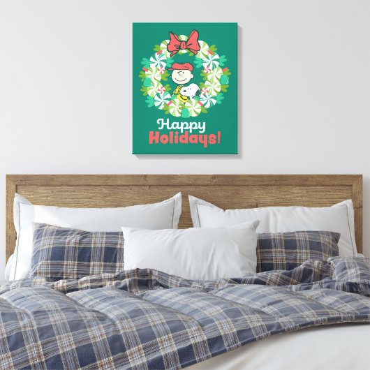 Prettige feestdagen €? | Pepermunt Snoep krans Canvas Afdruk (Insitu (Slaapkamer))