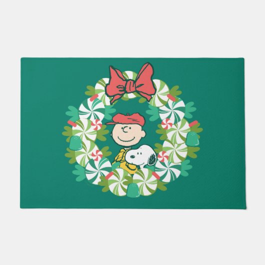 Prettige feestdagen €? | Pepermunt Snoep krans Deurmat (Voorkant)