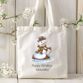 prettige feestdagen Persoonlijke naam Snowman Sled Tote Bag
