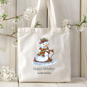 prettige feestdagen Persoonlijke naam Snowman Sled Tote Bag