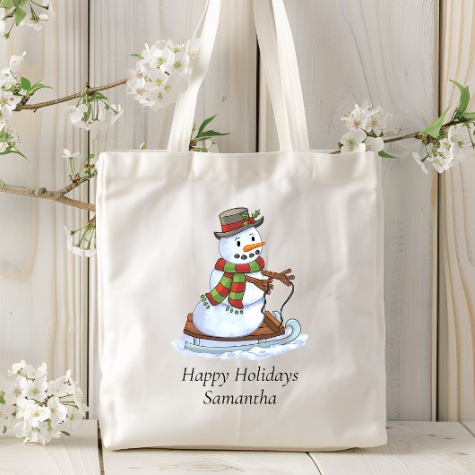 prettige feestdagen Persoonlijke naam Snowman Sled Tote Bag