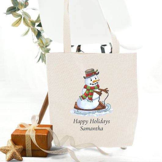 prettige feestdagen Persoonlijke naam Snowman Sled Tote Bag