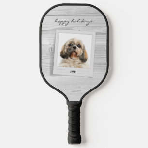 prettige feestdagen Pet Photo Script Rustic Pickleball Paddle
