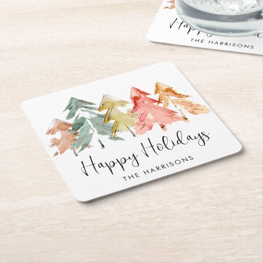 Prettige feestdagen Pine Bomen Waterverf Kerst Kartonnen Onderzetters (Schuin)