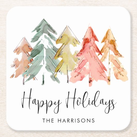 Prettige feestdagen Pine Bomen Waterverf Kerst Kartonnen Onderzetters (Voorkant)