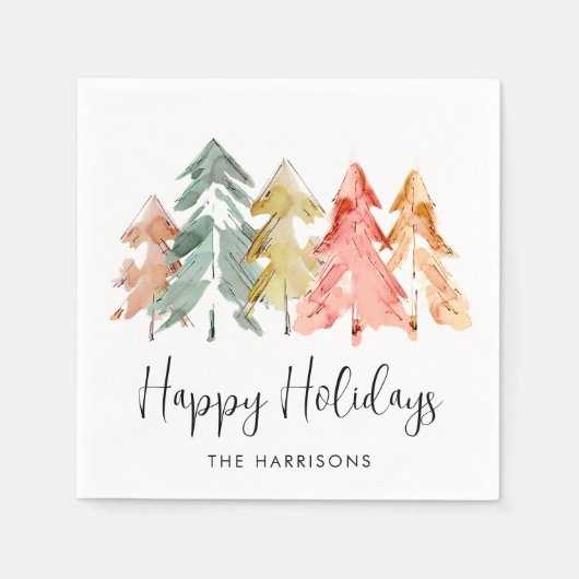 Prettige feestdagen Pine Bomen Waterverf Kerst Servet (Voorkant)