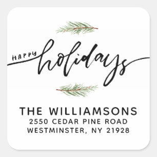 prettige feestdagen Pine Bough Return-adres Vierkante Sticker