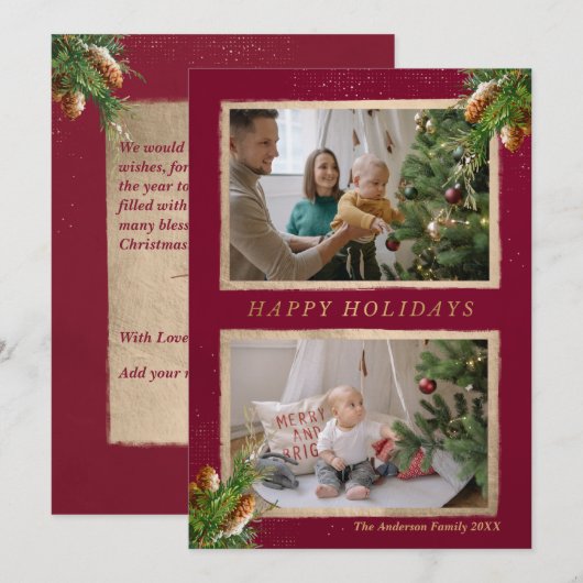 prettige feestdagen Pine Branch Gold Accent Photo Feestdagenkaart (Voorkant / Achterkant)