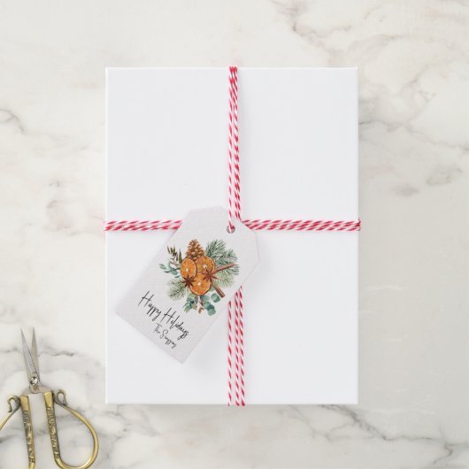prettige feestdagen Pine Oranje kruid Bouquet Cadeaulabel (Met Touw)