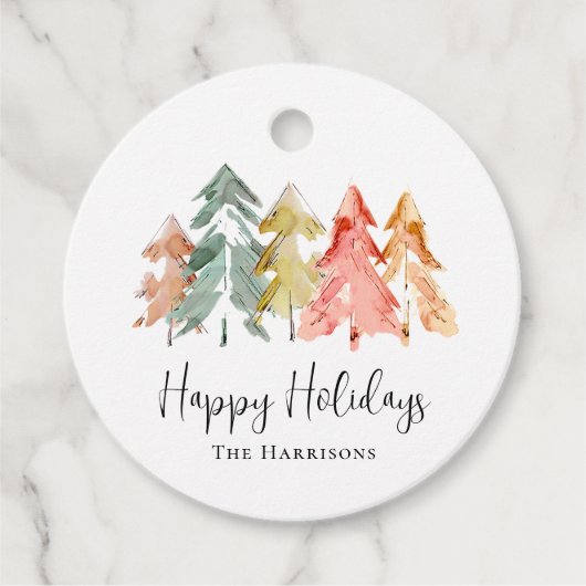 prettige feestdagen Pine Tree Waterverf Bedankjes Labels (Voorkant)