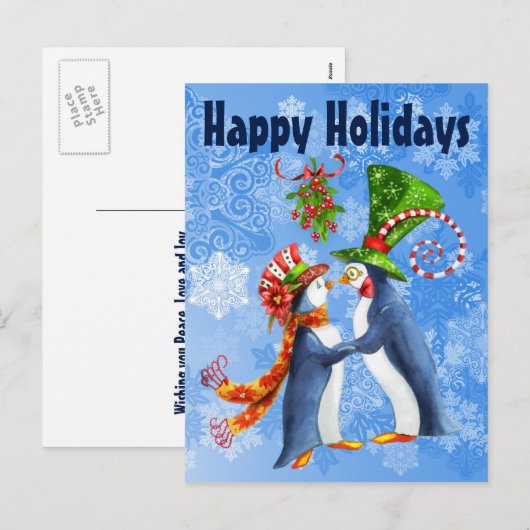 prettige feestdagen Pinguïn Couple onder de mistle (Voorkant / Achterkant)