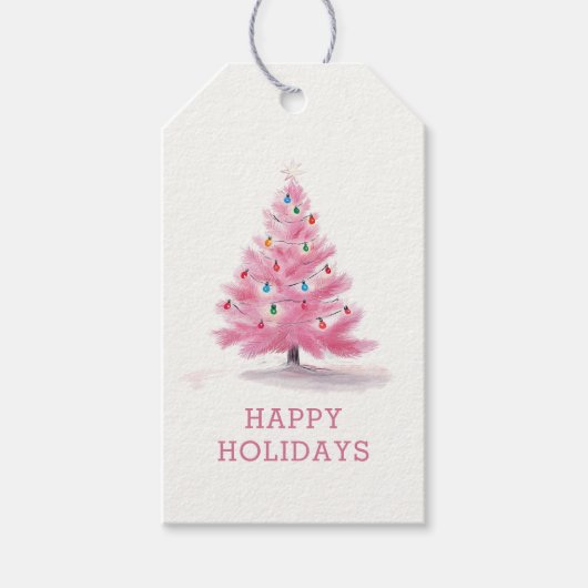 Prettige feestdagen Pink Christmas Tree Holiday Cadeaulabel (Voorkant)