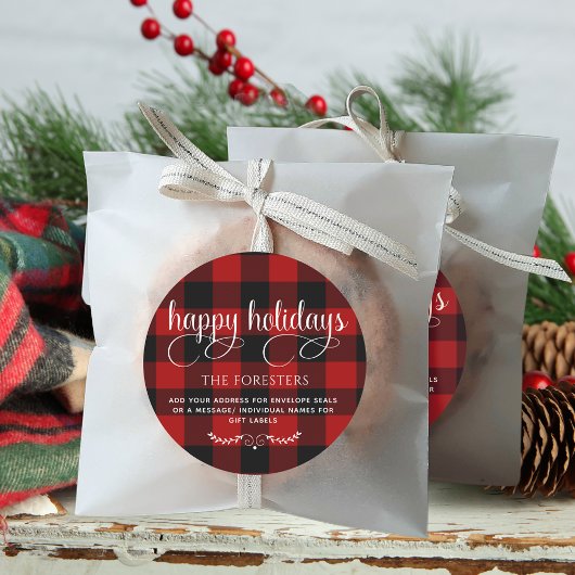 Prettige Feestdagen, Plaid Envelope Seal of Gift L Ronde Sticker