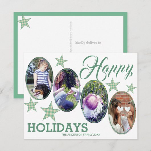 Prettige feestdagen Plaid Green Cream Sterren 4 Fo Briefkaart (Voorkant / Achterkant)