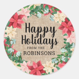 prettige feestdagen Poinsettia Brown Burlap Ronde Sticker