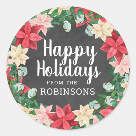 prettige feestdagen Poinsettia Chalkboard Ronde Sticker (Voorkant)