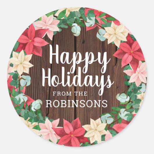 prettige feestdagen Poinsettia Dark Wood Ronde Sticker (Voorkant)
