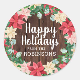 prettige feestdagen Poinsettia Dark Wood Ronde Sticker