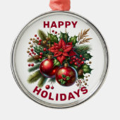 Prettige feestdagen Poinsettia en Holly Metalen Ornament (Voorkant)