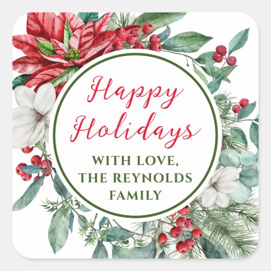 prettige feestdagen Poinsettia Floral Favor Vierkante Sticker (Voorkant)