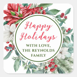 prettige feestdagen Poinsettia Floral Favor Vierkante Sticker