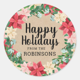 prettige feestdagen Poinsettia Kraft Paper Ronde Sticker