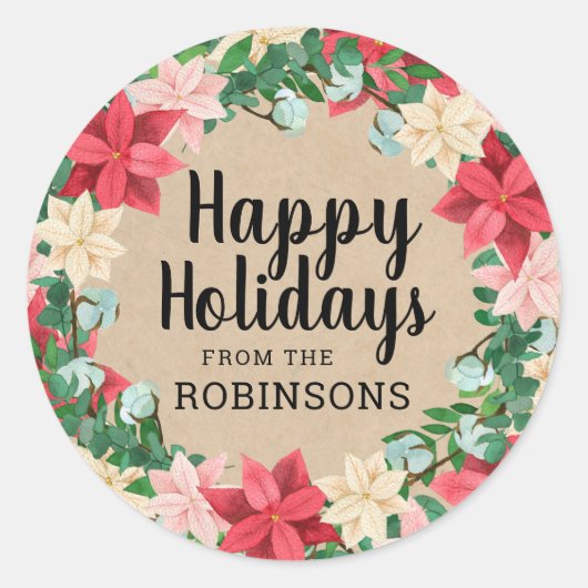 prettige feestdagen Poinsettia Kraft Paper Ronde Sticker (Voorkant)