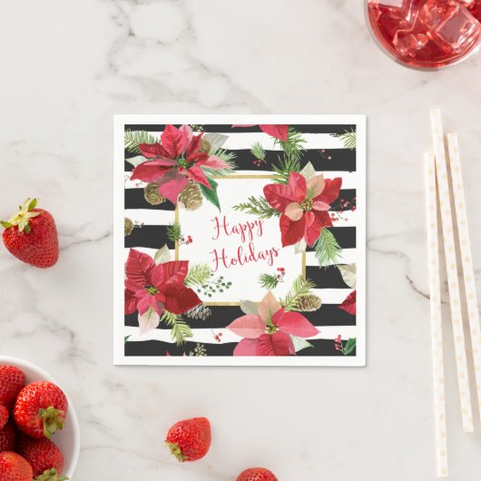 Prettige feestdagen Poinsettias op Black Stripe se Servetten (Insitu)