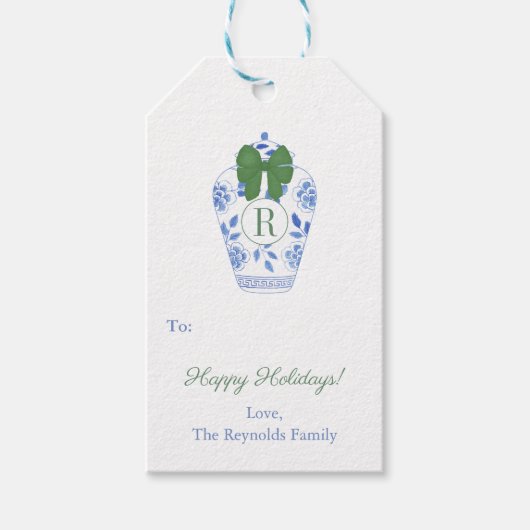 Prettige feestdagen Preppy Monogram Groene Bow Cadeaulabel (Voorkant)