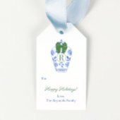 Prettige feestdagen Preppy Monogram Groene Bow Cadeaulabel