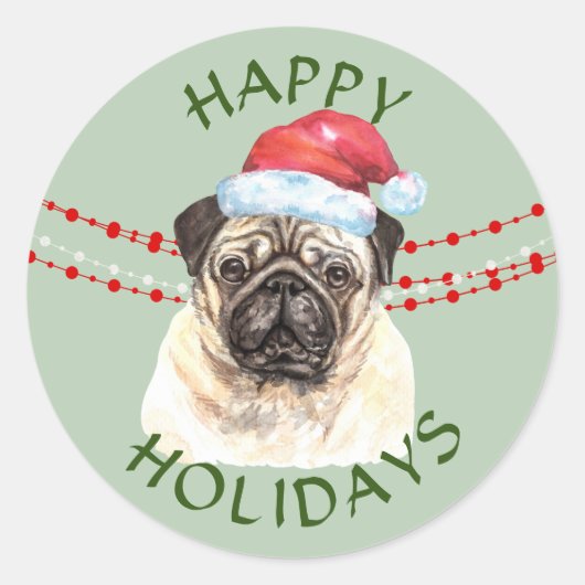 Prettige feestdagen Pug Dog Santa Hat Ronde Sticker (Voorkant)