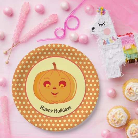 Prettige feestdagen Pumpkin Face & Polka Dots Papieren Bordje (Feest)