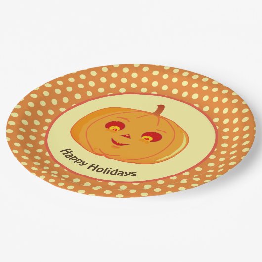 Prettige feestdagen Pumpkin Face & Polka Dots Papieren Bordje (Gekanteld)